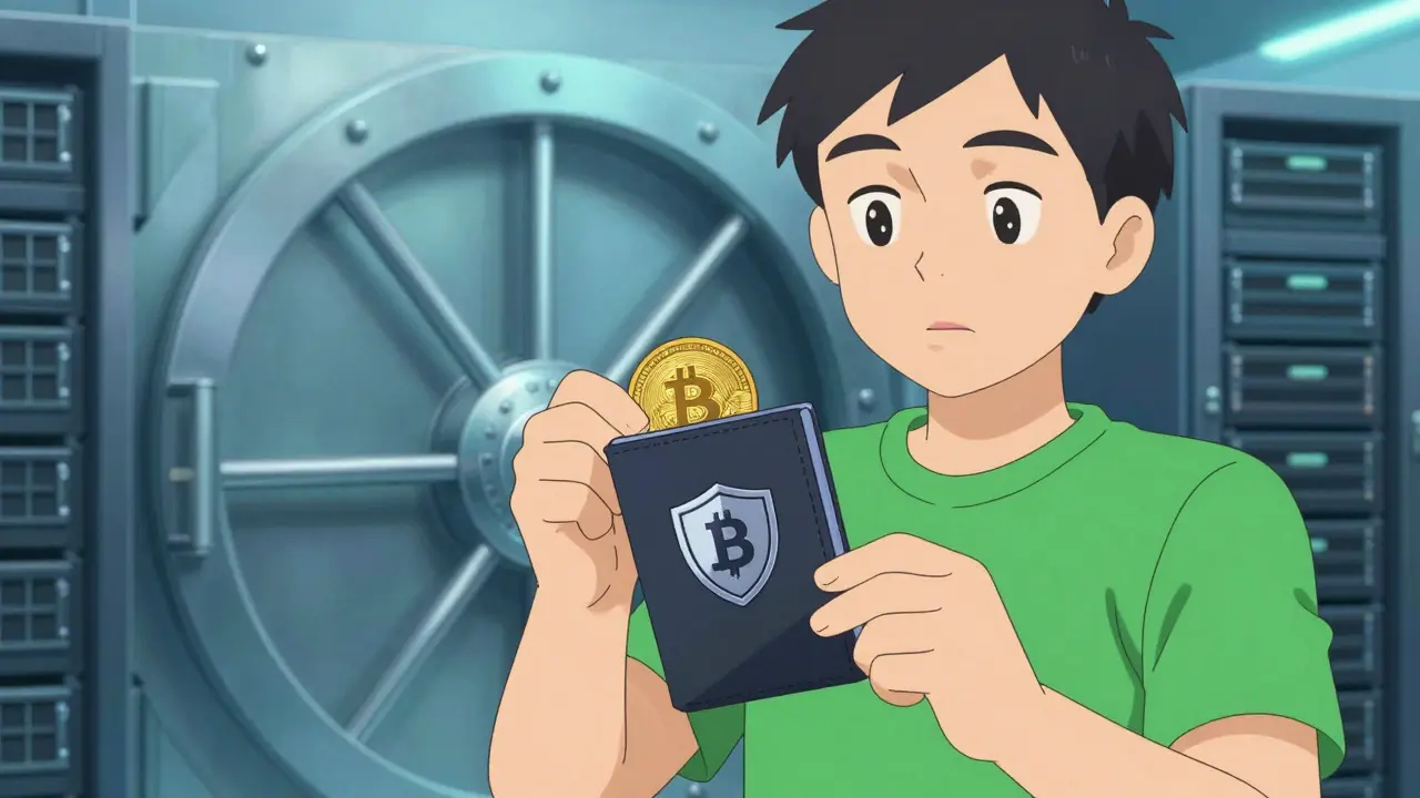 Persona guardando criptomonedas en billetera fría segura con escudo.