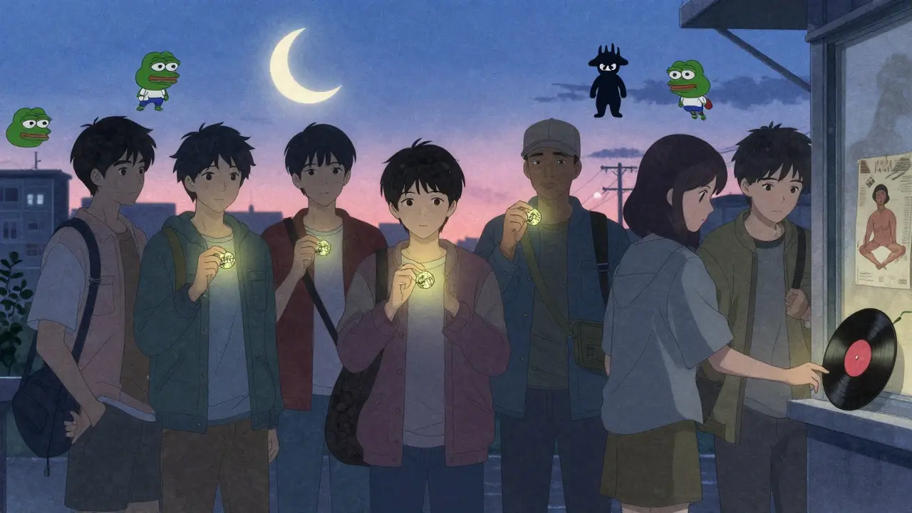 Personas sosteniendo tokens MELLOW bajo un cielo crepuscular, con memes flotando como estrellas y un vinilo en el alféizar.