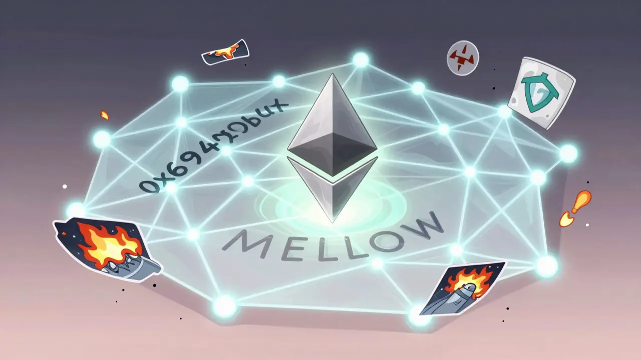 Red blockchain de Ethereum con la dirección del contrato MELLOW brillando, símbolos de liquidez quemada desapareciendo en cenizas.