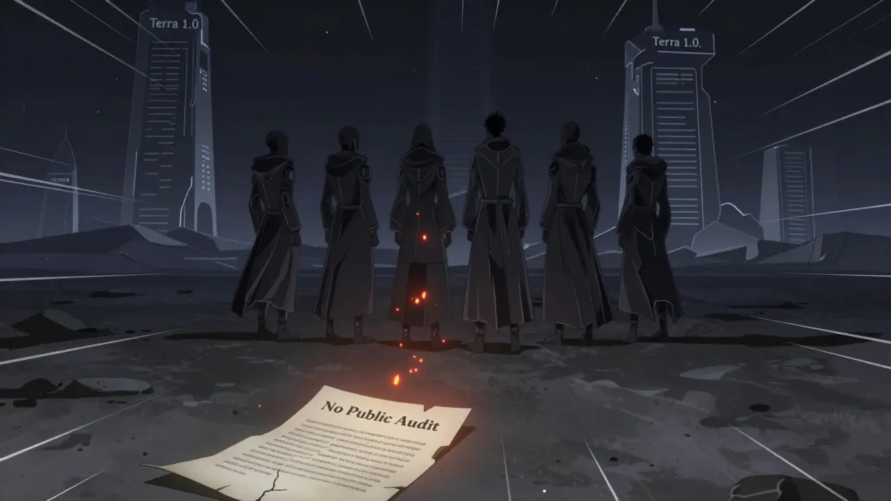 Seis figuras sombrías miran torres blockchain desaparecidas, mientras un contrato roto yace en el suelo con 'No hay auditoría pública'.