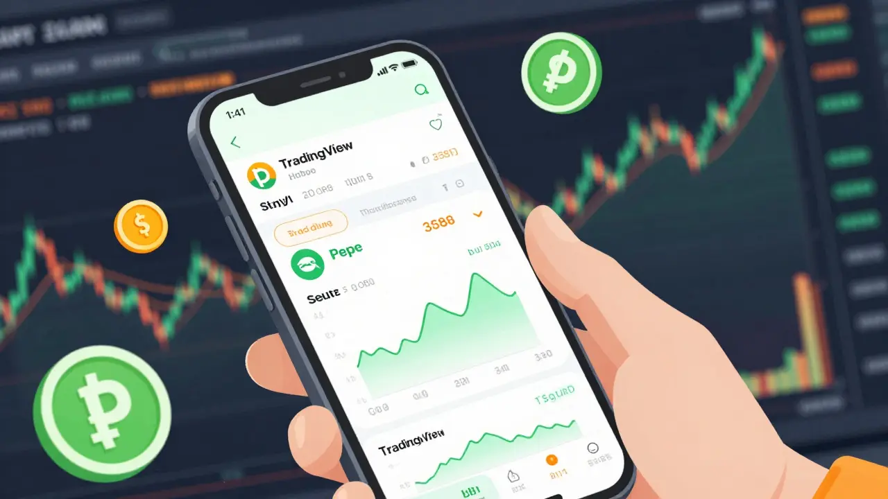 Trader en móvil con gráficos TradingView y tokens Pepe y Sui con alto apalancamiento