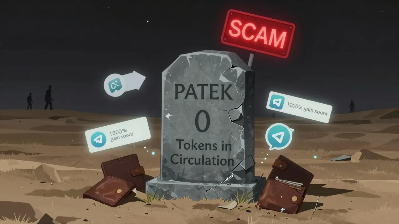 Tumba digital de PATEK con señales de scam, billeteras abandonadas y mensajes falsos de ganancias en un desierto digital.