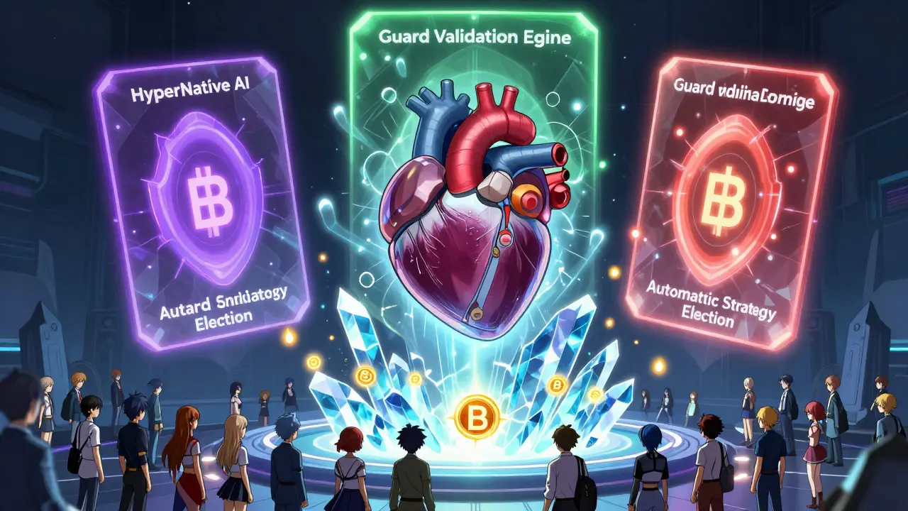 Un corazón mecánico protegido por tres capas de seguridad que brillan en colores distintos, rodeado de usuarios depositando BNB.