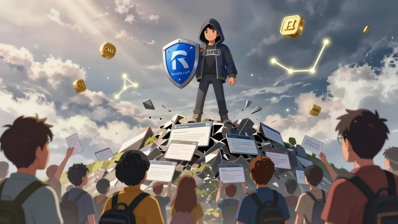 Un héroe protege a usuarios de estafas cripto mientras airdrops legítimos brillan en el cielo.