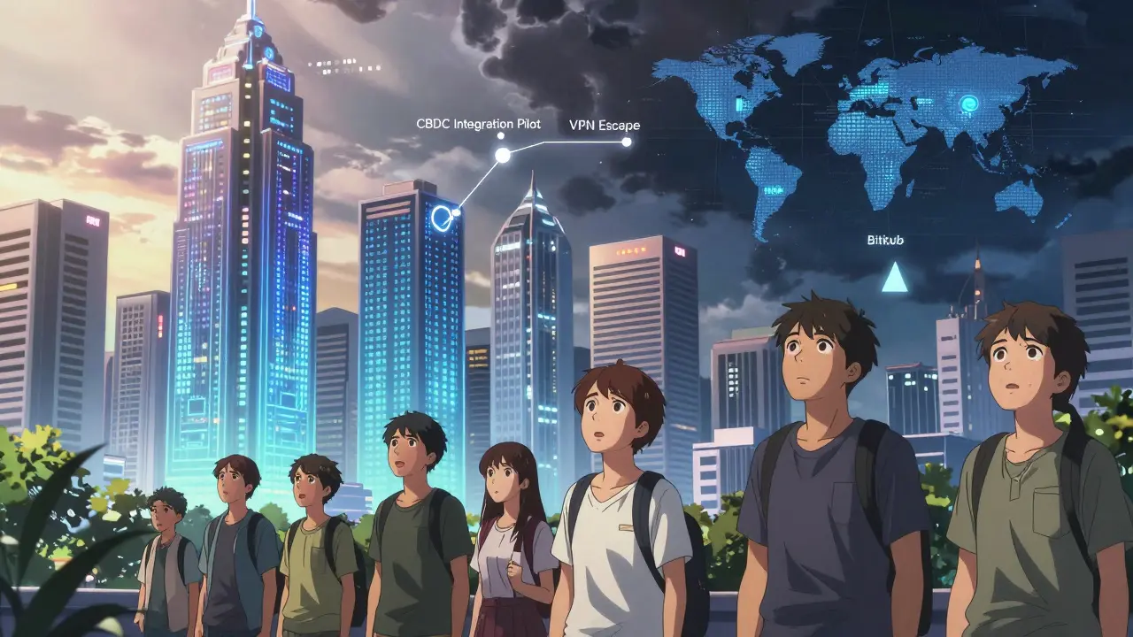 Un horizonte de Bangkok muestra torres blockchain conectadas a un intercambio local mientras una vía VPN se pierde en la neblina.