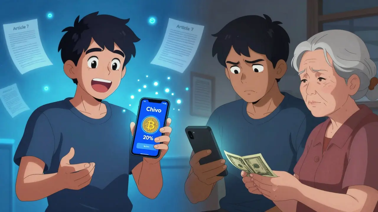 Un joven mira su teléfono con Bitcoin cayendo en valor, mientras su madre sostiene un billete de dólar, simbolizando la pérdida de confianza en la criptomoneda.