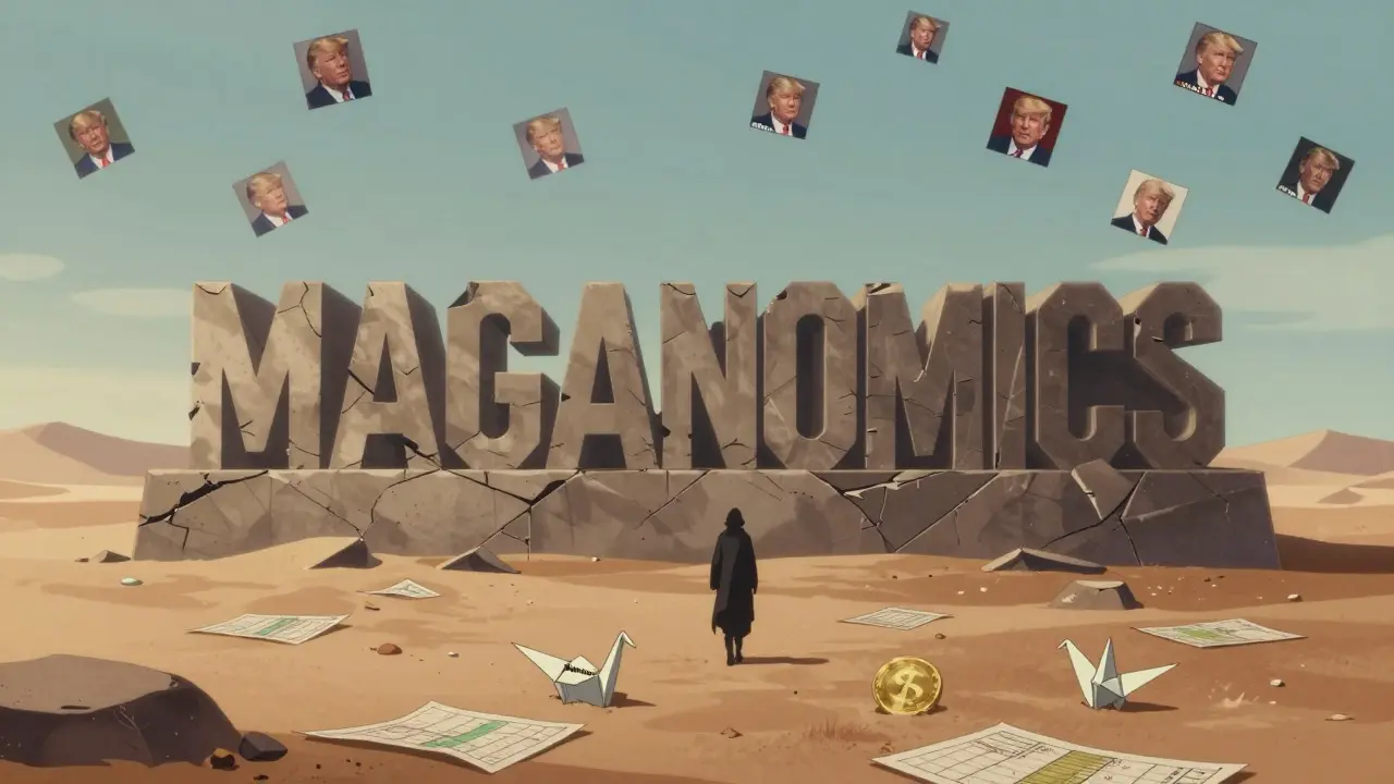 Un monumento derrumbado con 'MAGANOMICS' en un desierto de gráficos cripto, con un origami de tokens olvidado a sus pies.