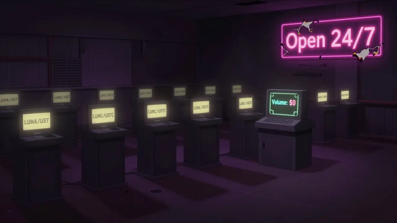 Un piso de intercambio vacío con pantallas apagadas mostrando 'Volumen: <h2>¿Cómo se accede a Terraswap hoy?</h2>', iluminado por luces parpadeantes.