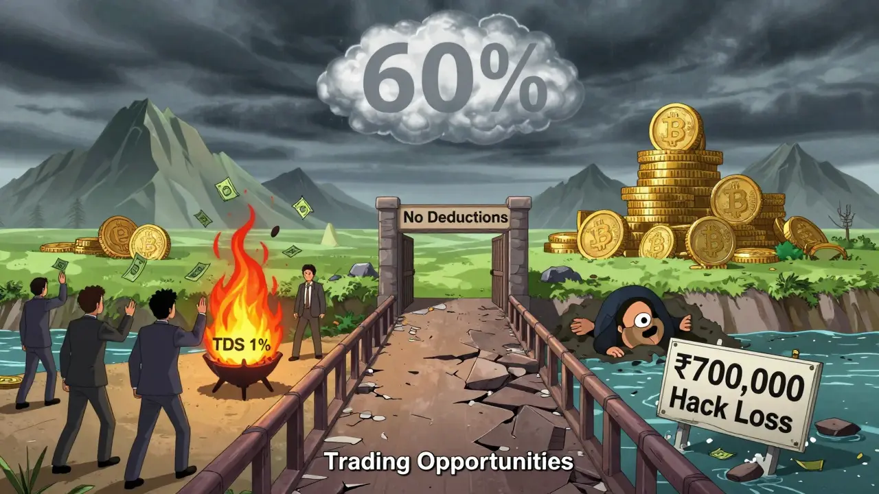 Un puente colapsado hacia un portal prohibido, con traders arrojando dinero a un horno mientras entierran una pérdida por hack.