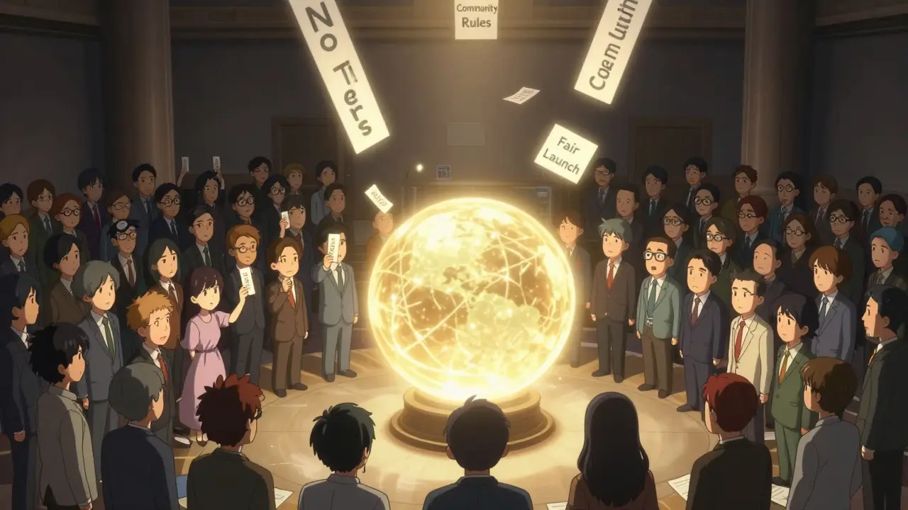 Un salón de votación donde todos los titulares de KOM tienen igual poder, sin distinciones de tamaño o cantidad.