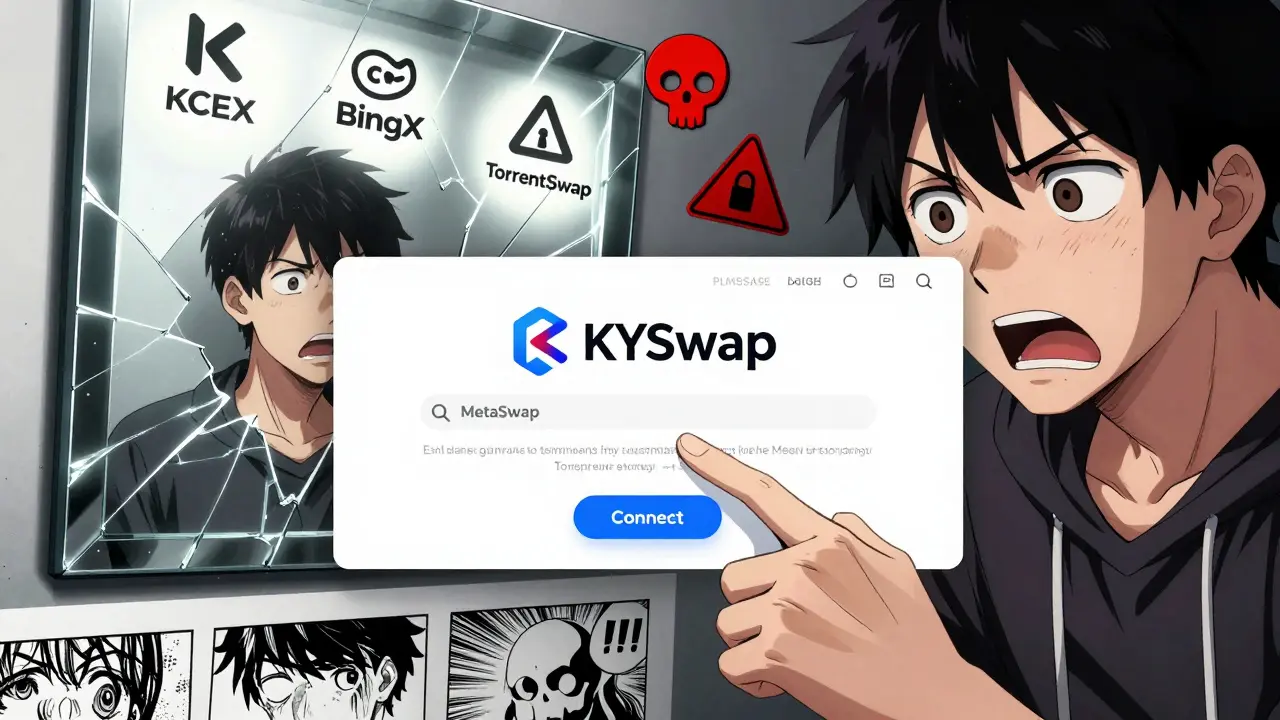 Un usuario a punto de conectar su billetera a un sitio fraudulento de KYSwap, con exchanges legítimos reflejados como salvación.