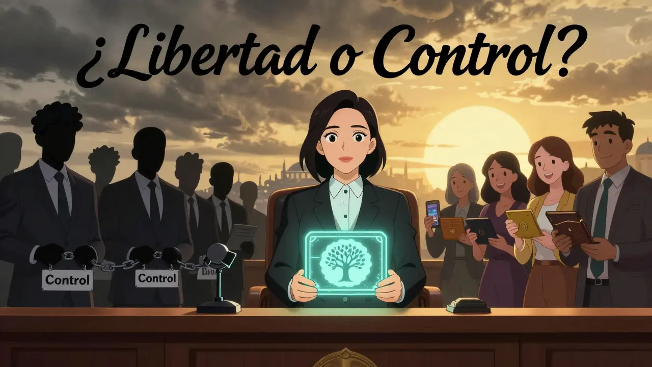 Una abogada presenta una demanda en un tribunal turco mientras un ledger blockchain proyecta una árbol de libertad financiera.