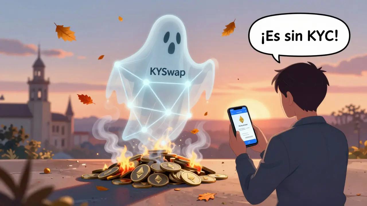 Una figura fantasma de KYSwap se desvanece sobre tokens quemados, mientras un trader español recibe una app falsa.