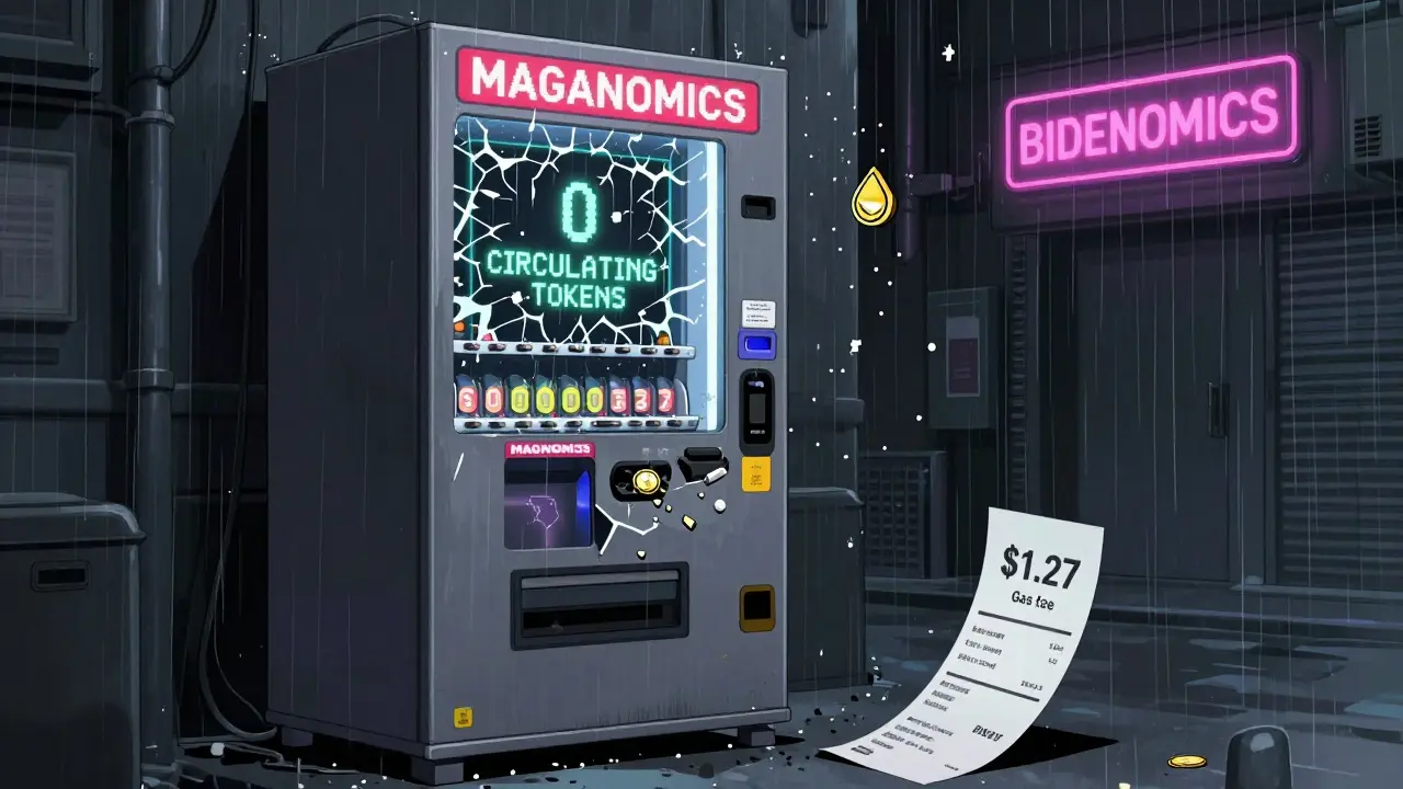 Una máquina expendedora rota muestra '0 tokens en circulación' mientras una tarifa de gas de .27 cae al suelo.