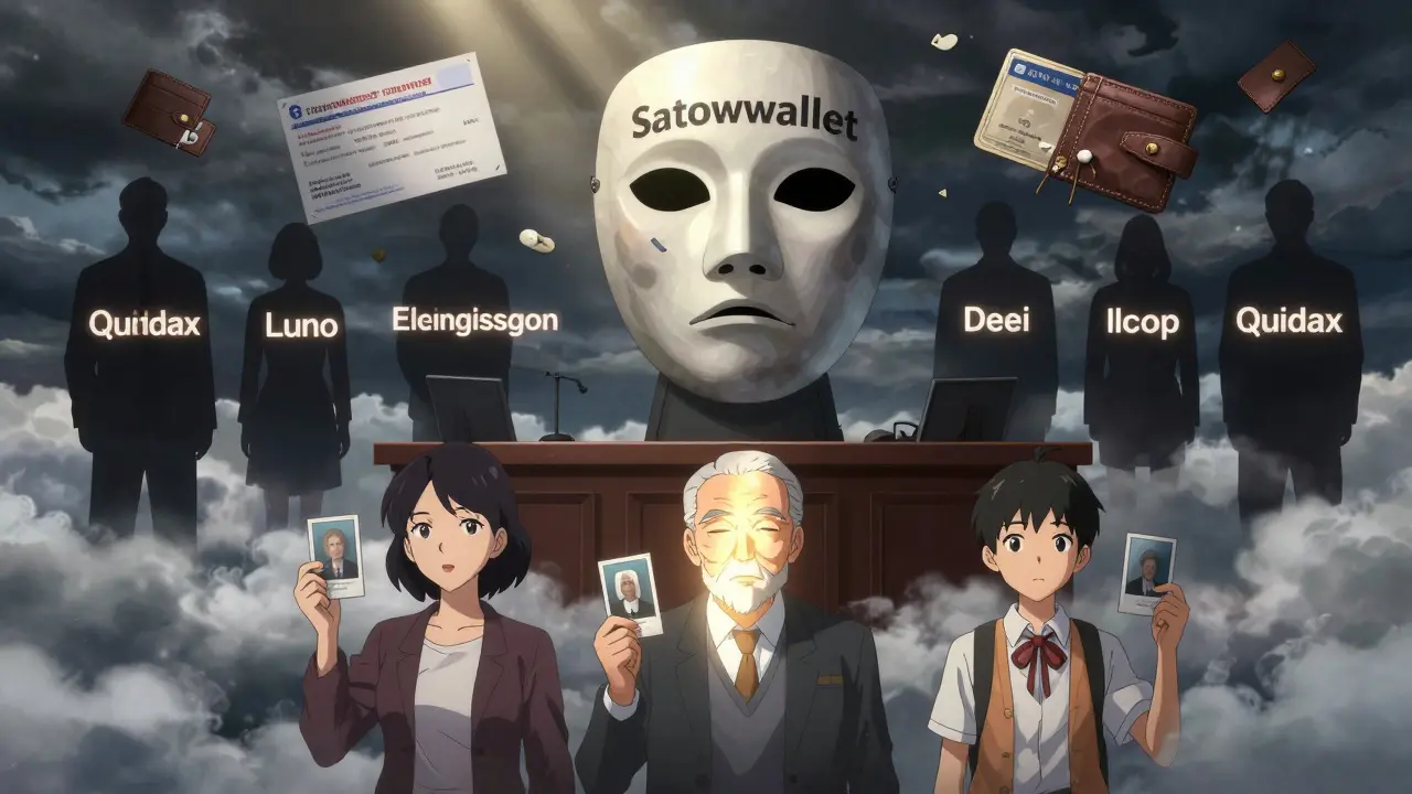 Una máscara de Satowallet en juicio mientras usuarios sostienen fotos de sus ahorros perdidos.