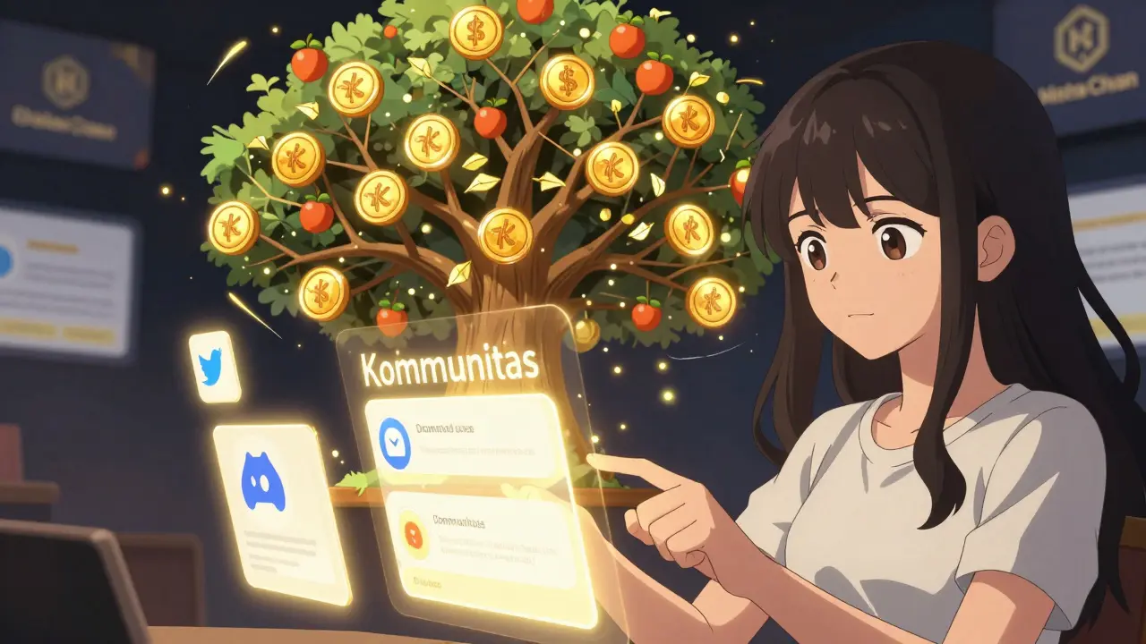 Una mujer conecta su billetera crypto a la plataforma Kommunitas mientras surgen tokens KOM de una red blockchain.