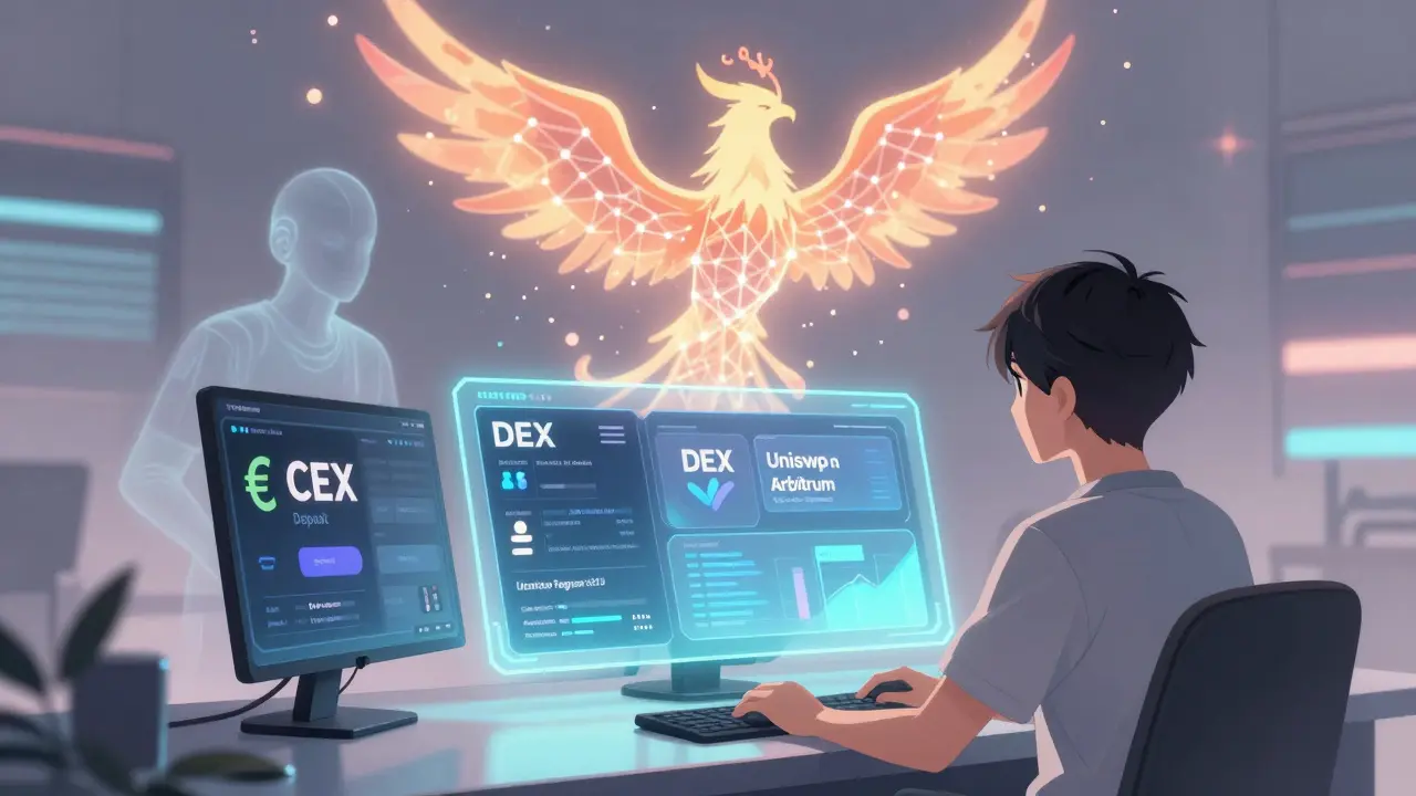 Usuario con interfaz híbrida CEX y DEX, fantasma de FTX desvaneciéndose en un fénix de blockchain.