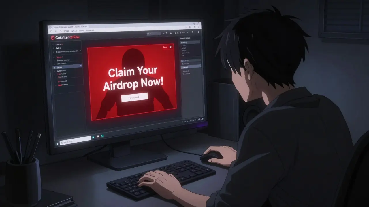 Usuario frente a una pantalla con una ventana de phishing roja que pide un airdrop falso.