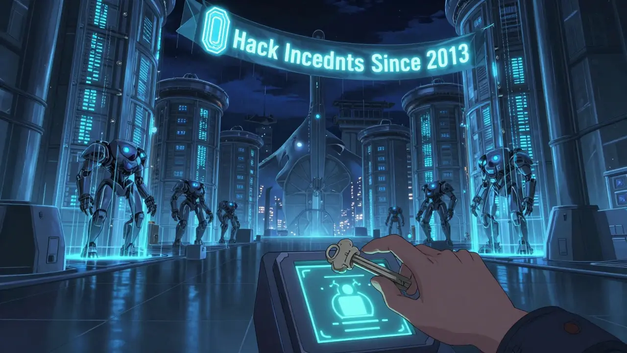 Almacenamiento en frío de Kraken con guardianes robóticos y banner de seguridad sin hackeos, estilo anime.