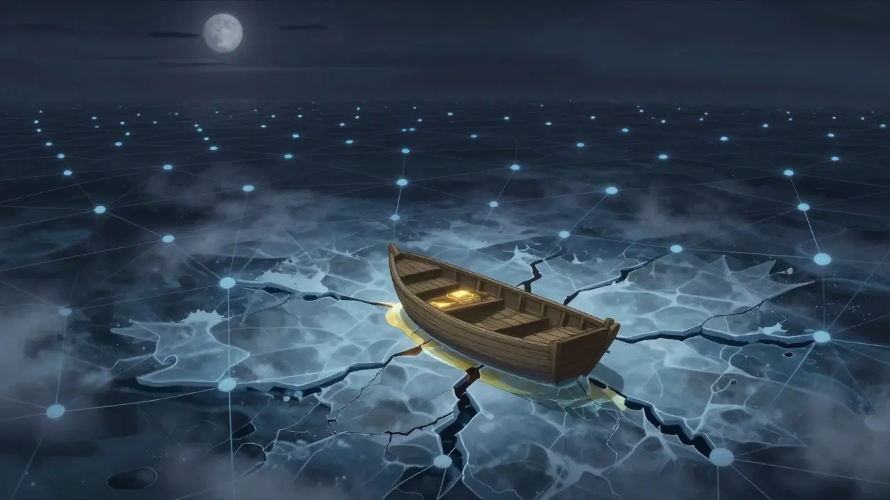 Barco pequeño navegando en mar oscuro congelado simbolizando falta de liquidez financiera.