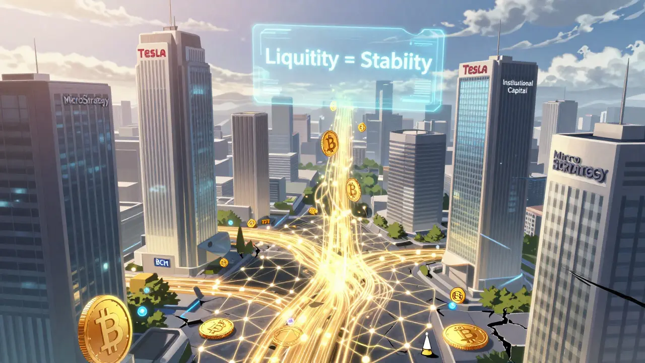 Ciudad futurista con corporaciones estabilizando el mercado cripto, mientras activos frágiles titubean en los bordes.