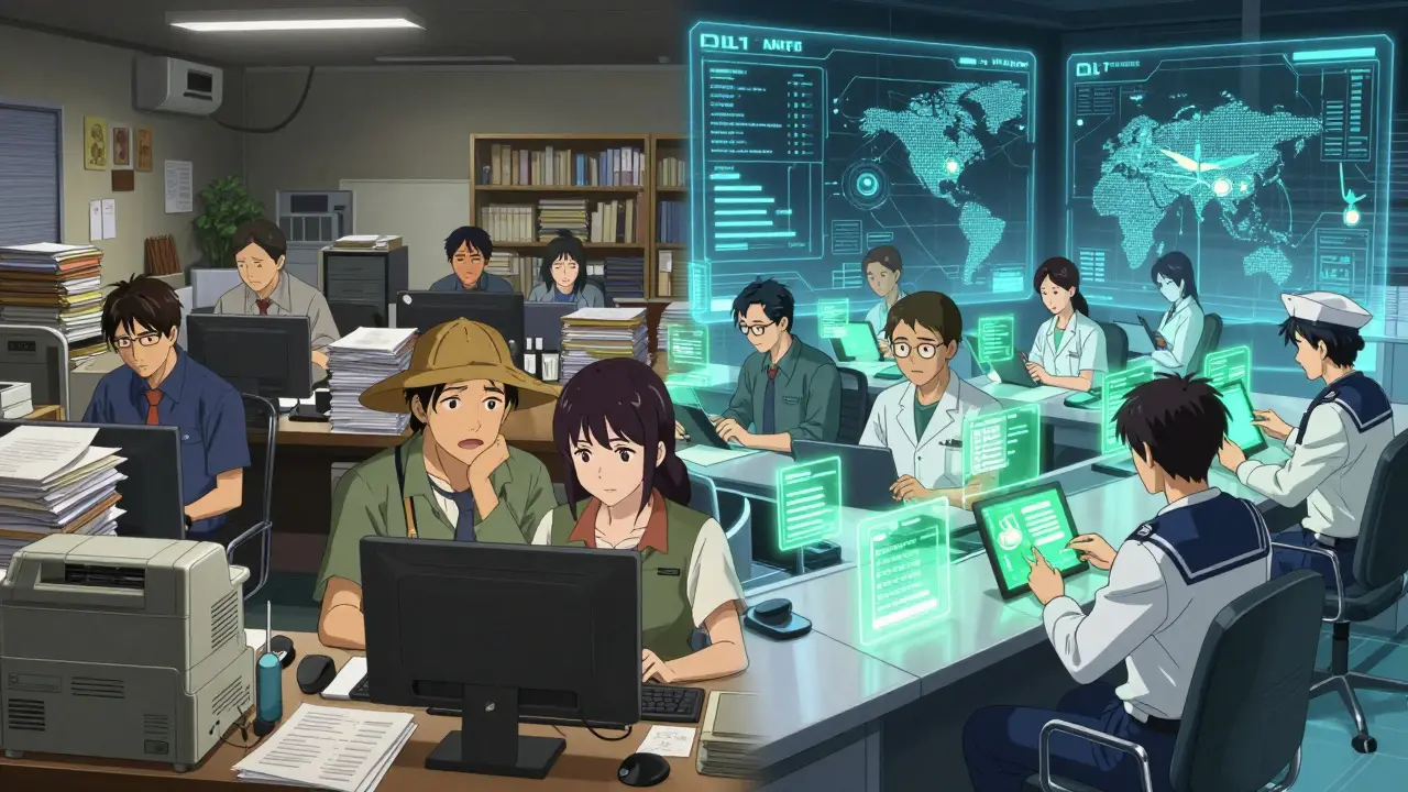 Comparación entre un pasado caótico de papeles y un futuro digital limpio con redes DLT.