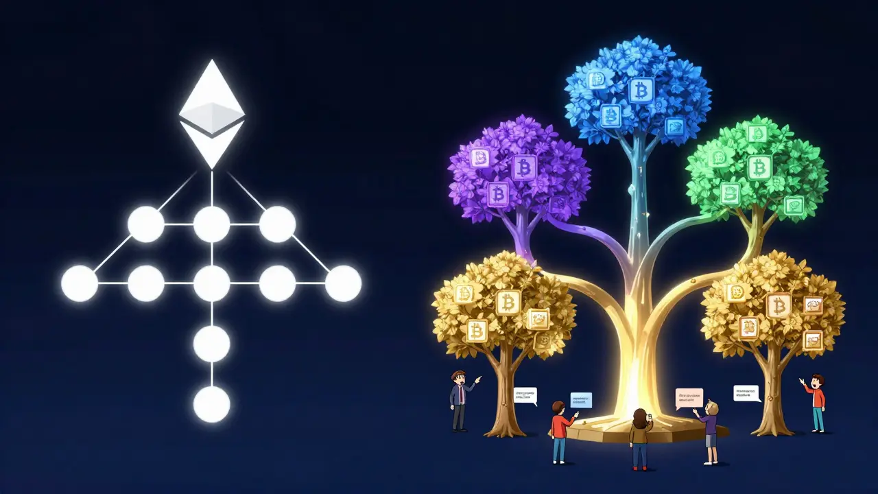 Comparación visual de un árbol Merkle simple de Bitcoin y un árbol Patricia complejo de Ethereum, con colores distintos y raíces brillantes.