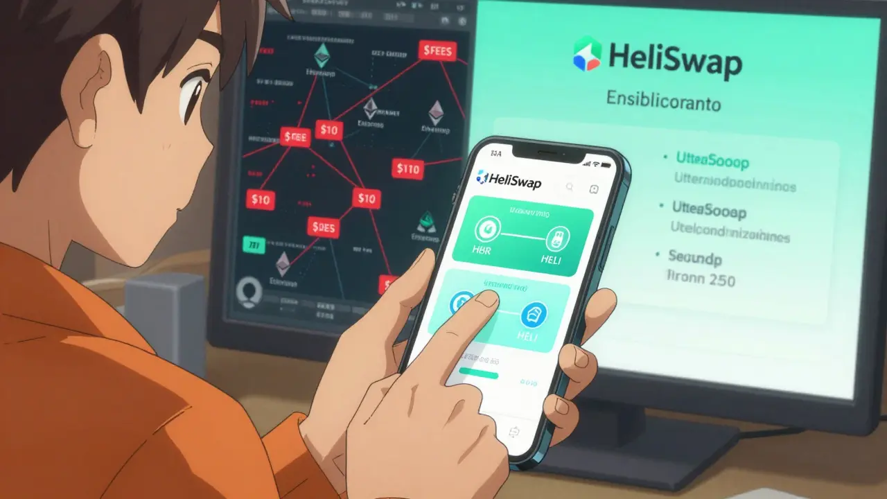 Comparación visual entre altas tarifas de Ethereum y las casi nulas de HeliSwap, con tokens flotando en una interfaz móvil.