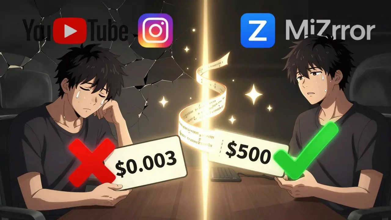 Comparación visual: un creador pierde dinero en plataformas tradicionales frente a ingresos instantáneos con blockchain.