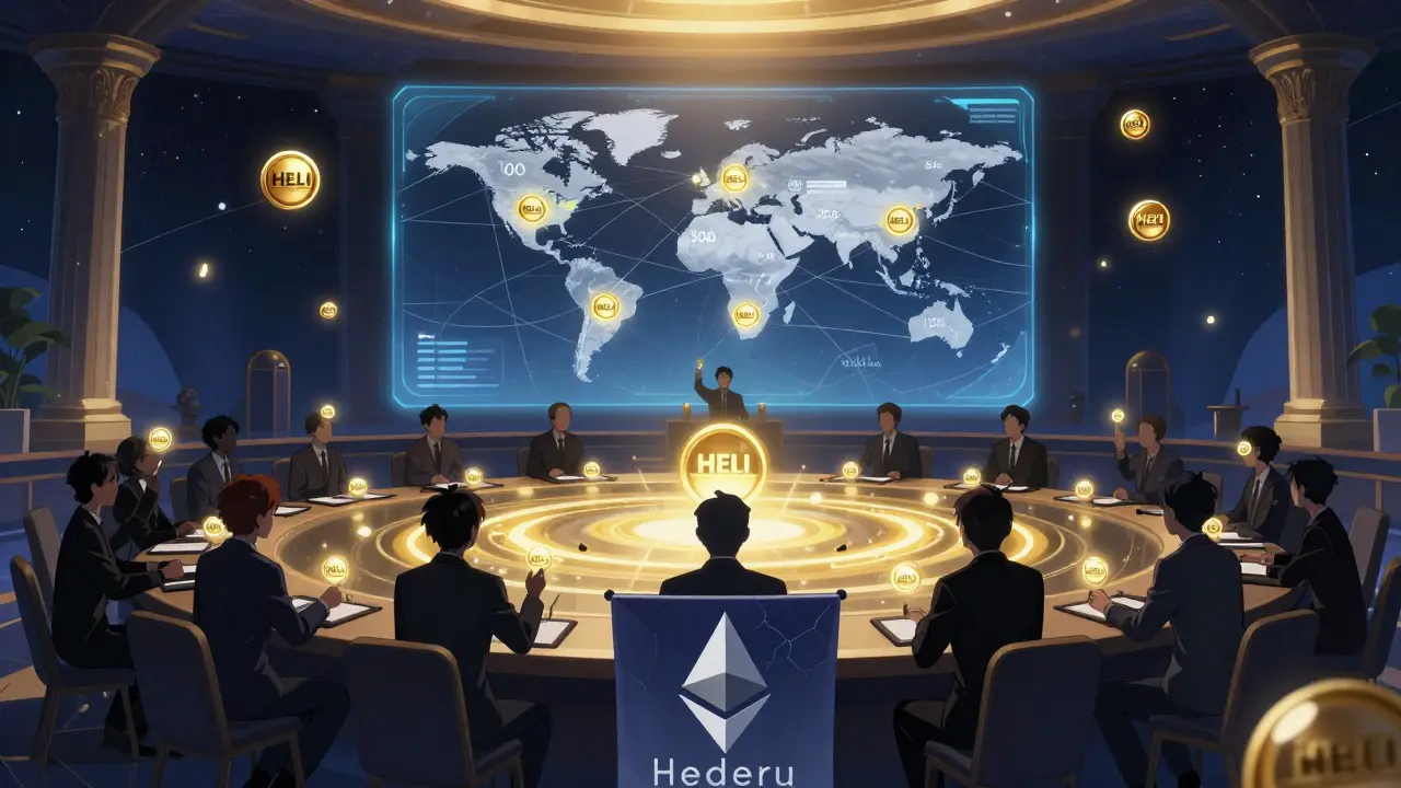 Comunidad vota en un DAO digital con tokens HELI mientras la red Hedera se expande globalmente, respaldada por grandes empresas.