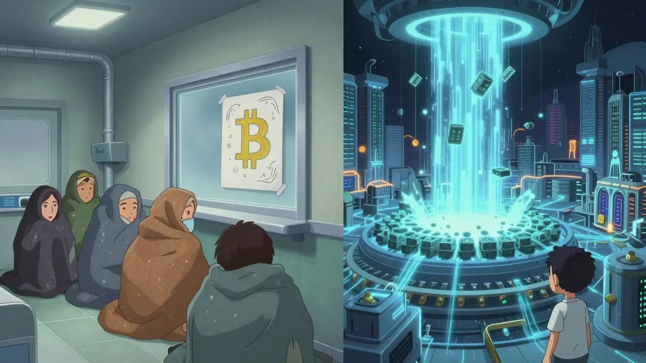 Contraste entre un hospital apagado en Tabriz y una granja de minería brillante en Bushehr, con un dibujo infantil de Bitcoin en la ventana.