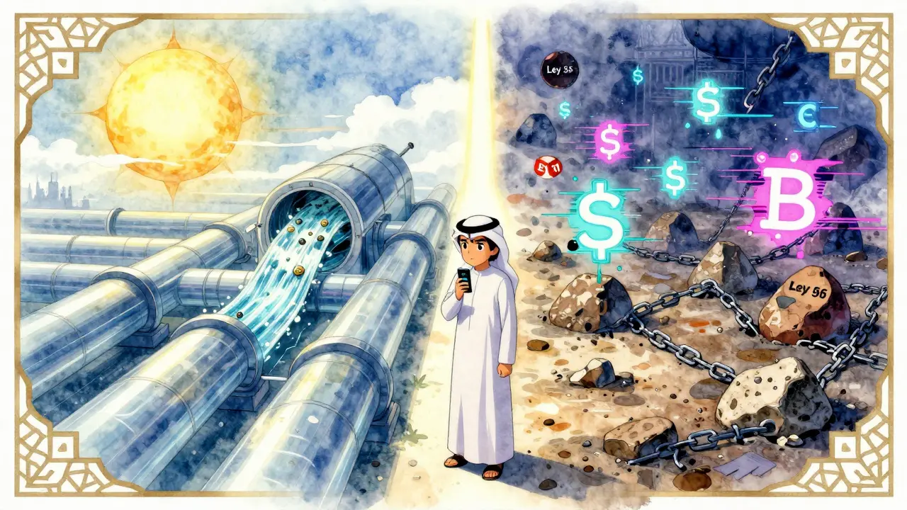 Contraste entre una moneda digital estatal brillante y criptomonedas enterradas bajo leyes nacionales, con un joven en el medio.