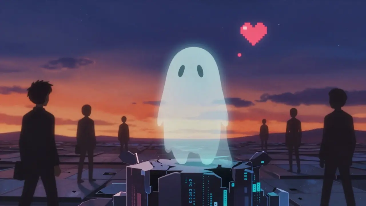 El fantasma de Eggdog desapareciendo en el espacio digital mientras inversores se alejan.