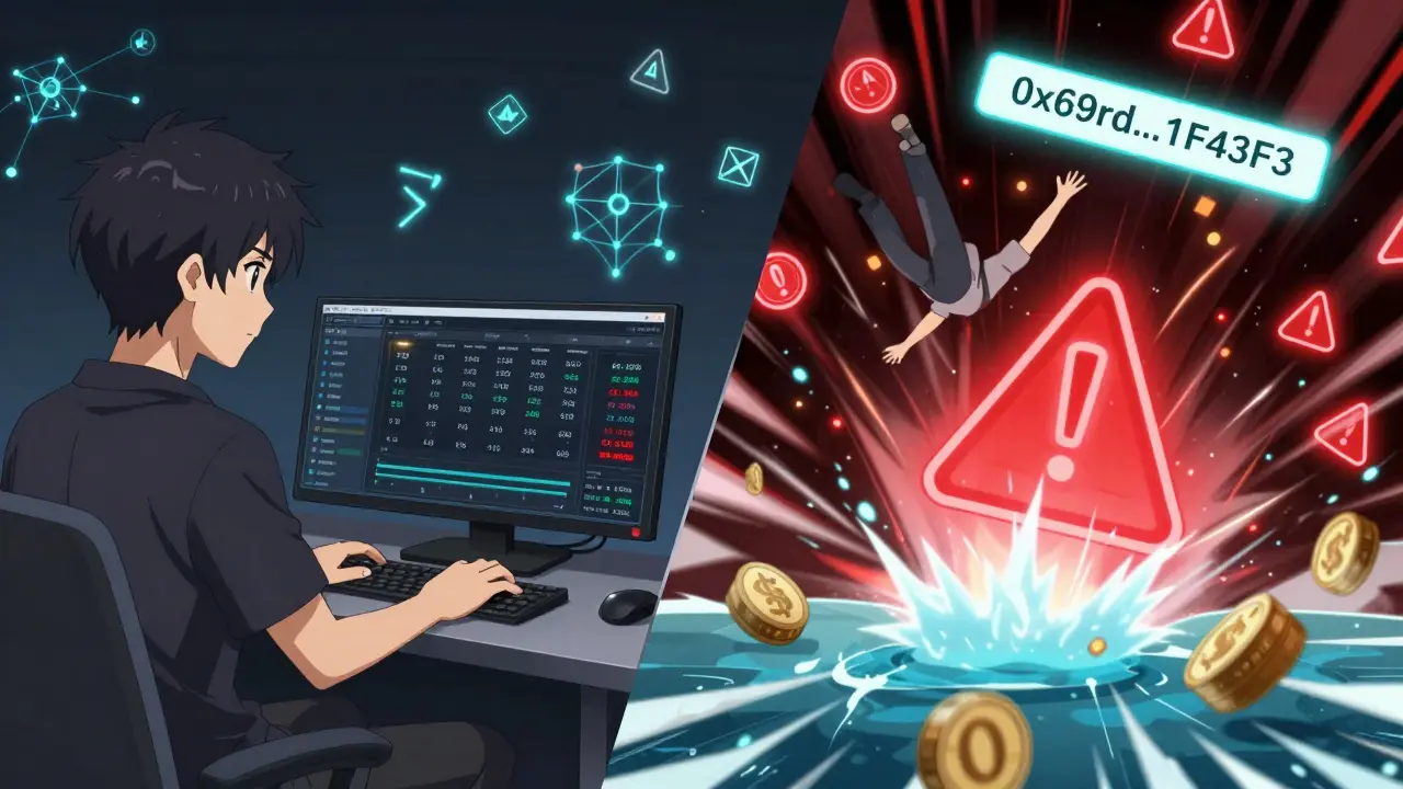 Escena dividida: un usuario tranquilo ajusta apalancamiento vs. una liquidación caótica de posiciones en Tethys, con símbolos de riesgo y recompensa.