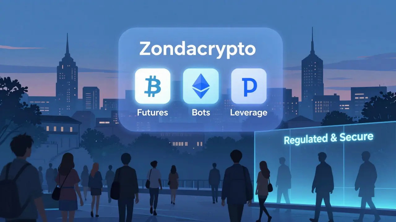 La interfaz minimalista de Zondacrypto flota sobre una ciudad europea, con solo Bitcoin, Ethereum y USDT visibles, mientras funciones avanzadas están bloqueadas por una pared de seguridad regulada.