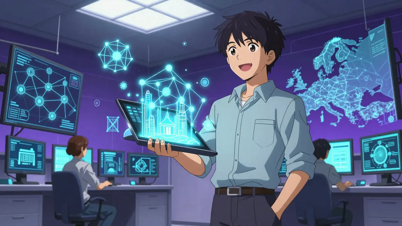 Laboratorio de innovación blockchain mostrando tecnología del futuro