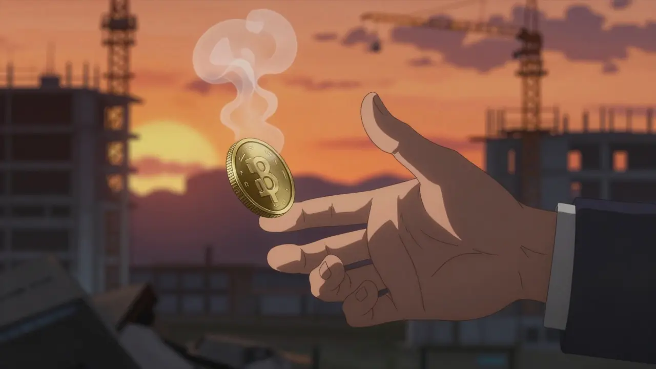 Mano alcanzando moneda que se desvanece en humo ante fondo de obras abandonadas.