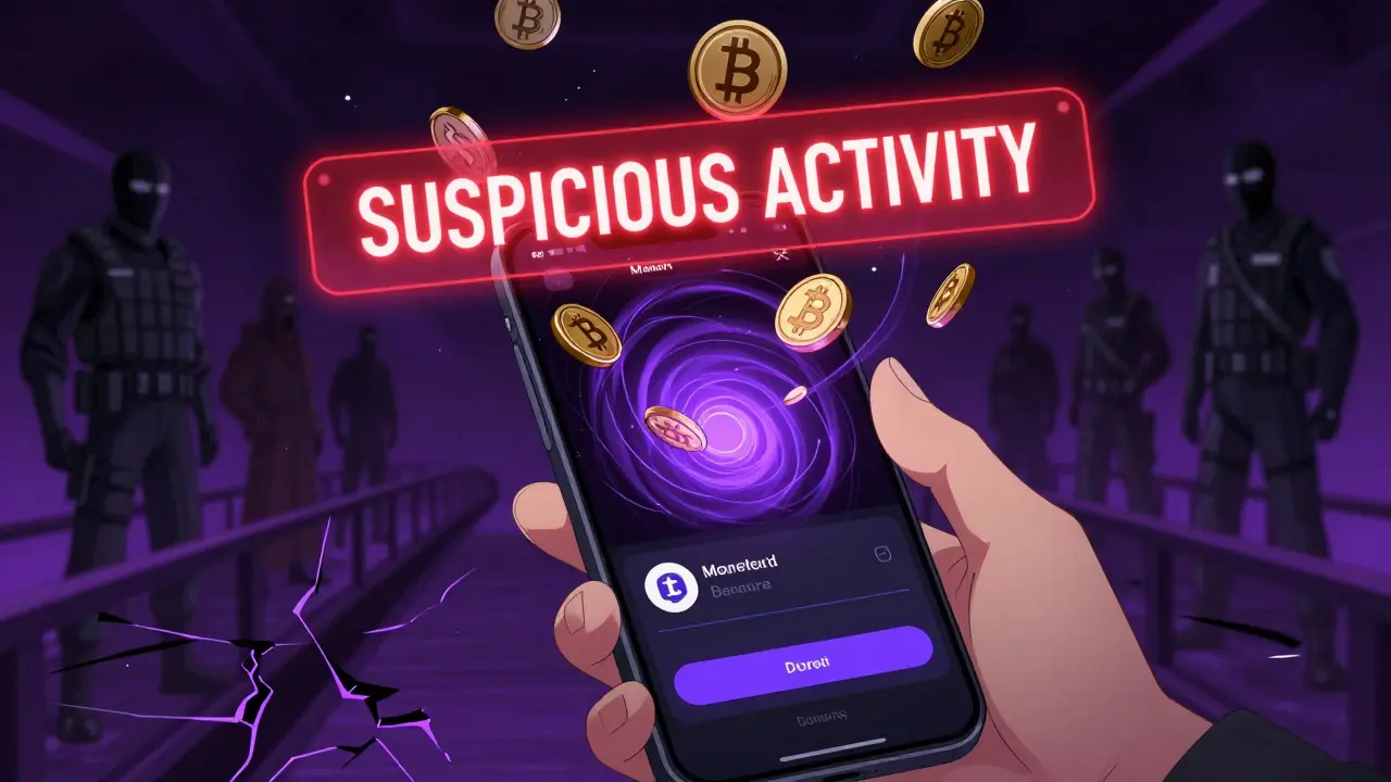 Mano con billetera digital mientras monedas anónimas flotan en un alerta roja, simbolizando actividad sospechosa.