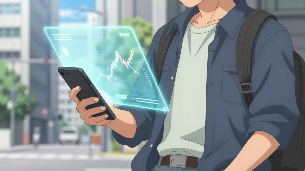 Persona utilizando smartphone con proyección holográfica financiera.