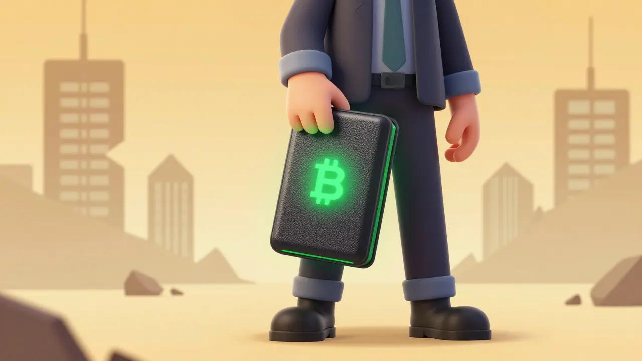 Personaje anime sosteniendo billetera fría segura con luz verde.