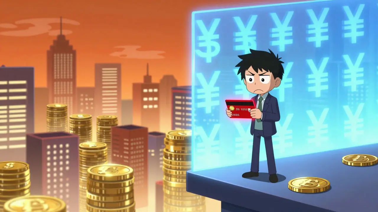 Personaje bloqueado por muro de monedas coreanas frente a ciudad digital.