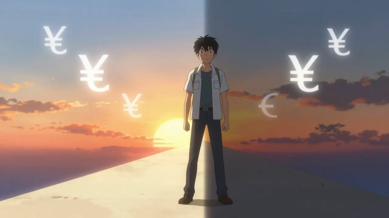 Protagonista ante horizonte simbolizando riesgo y crecimiento financiero.