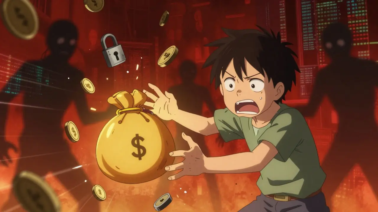 Protagonista frustrado atrapado por candados brillantes en un entorno oscuro