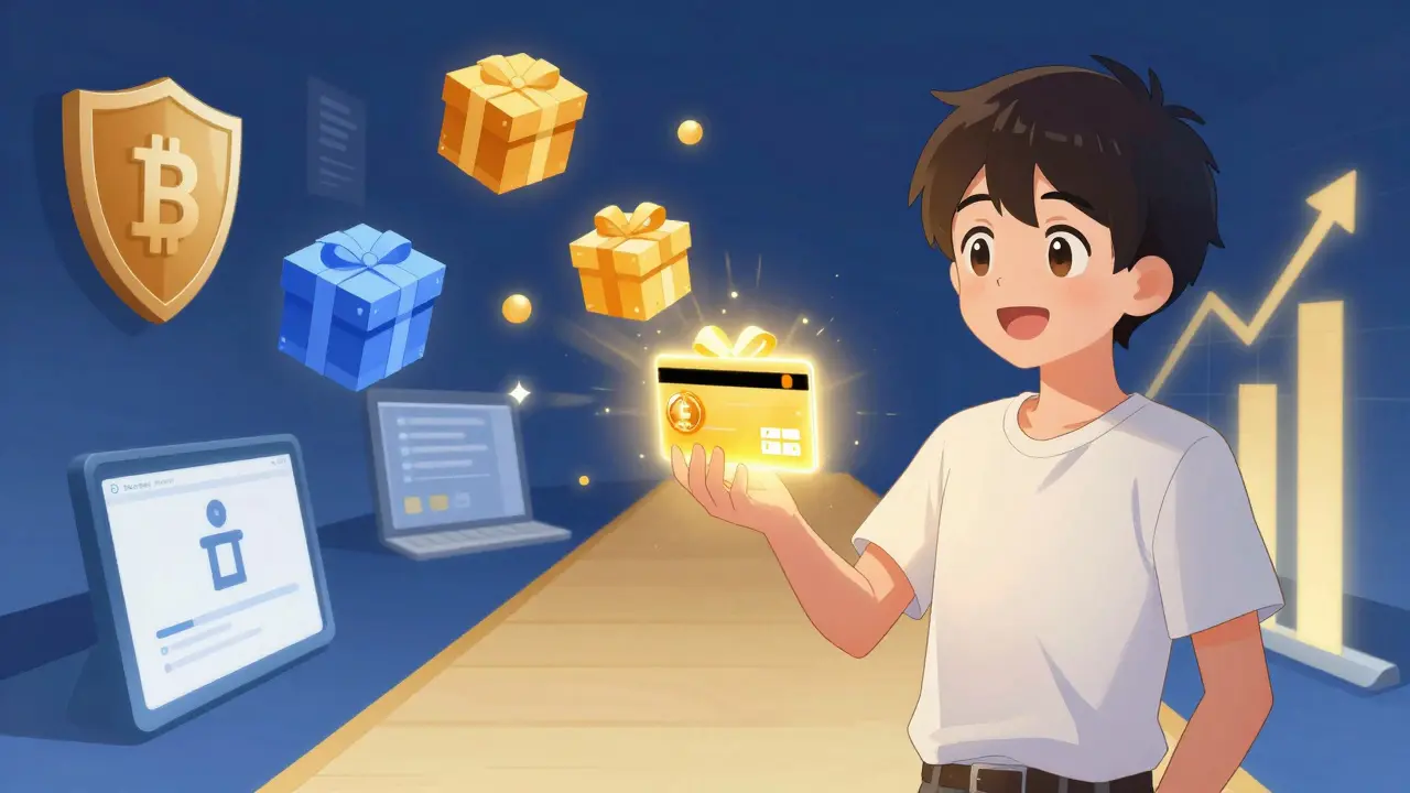 Protagonista sosteniendo tarjeta de regalo brillante y objetos flotantes