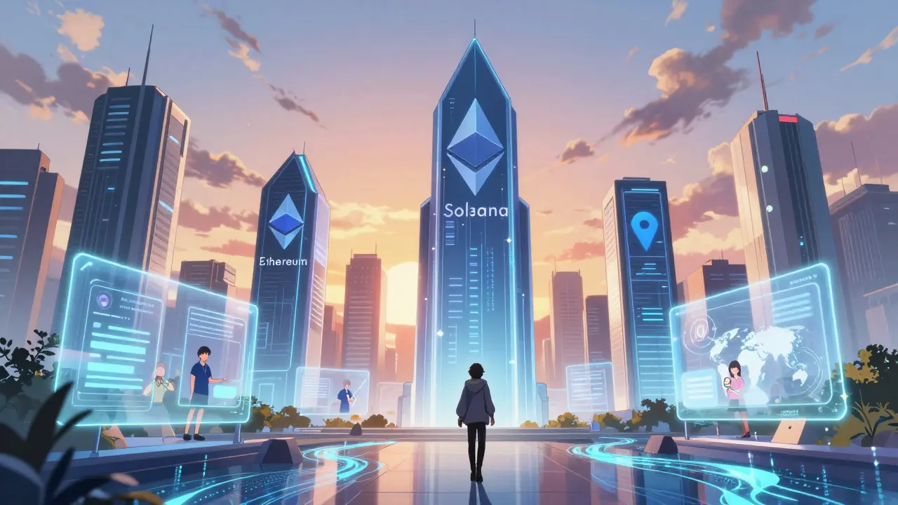 Torres de blockchain brillantes en una ciudad futurista con usuarios interactuando con contratos inteligentes.