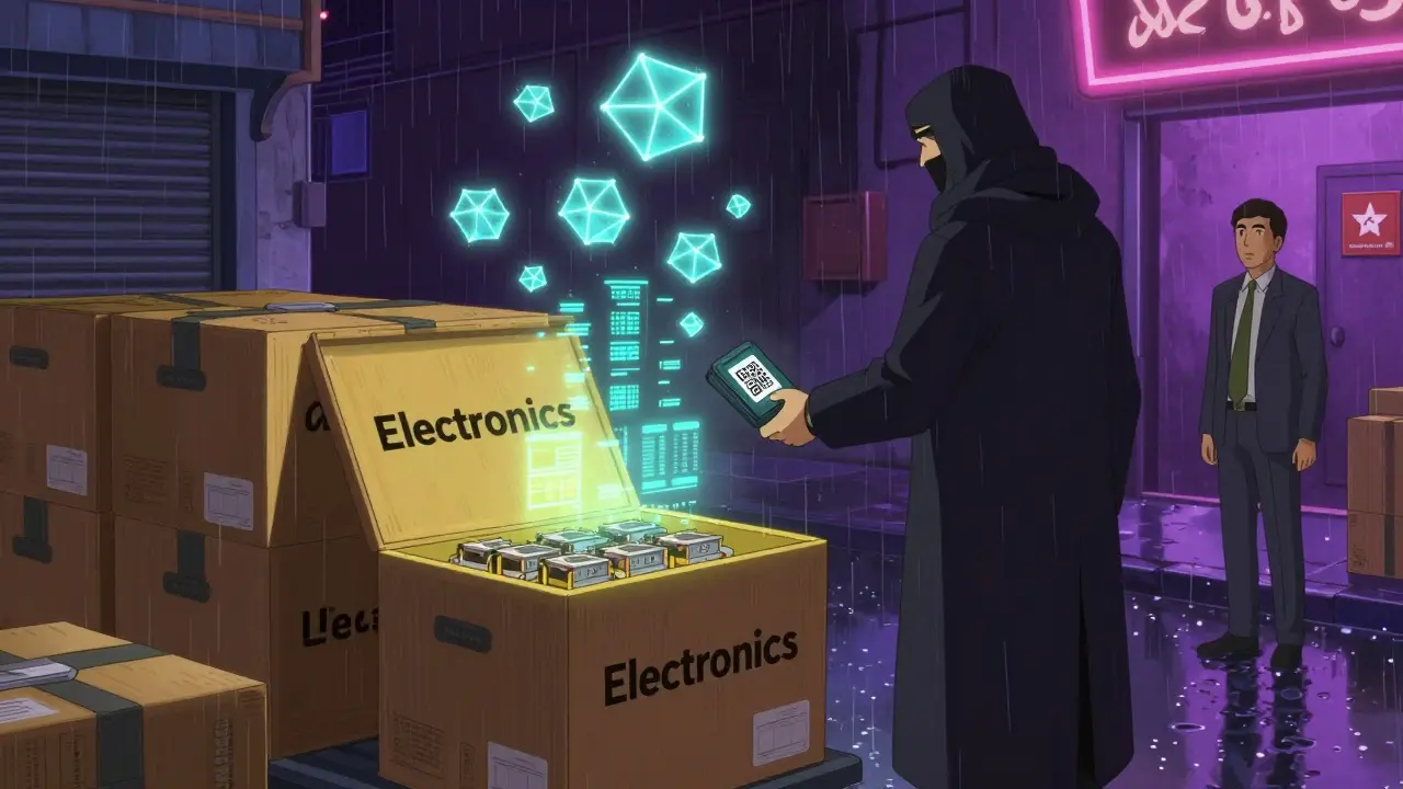 Transferencia secreta de equipos de minería y billeteras digitales en un callejón nocturno del UAE con reflejos de códigos QR.