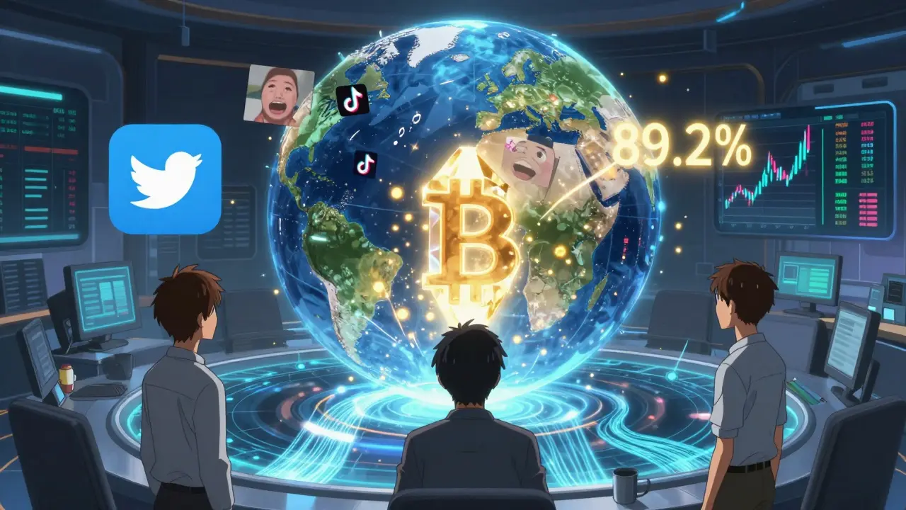 Tres analistas frente a un globo 3D que fusiona Twitter, TikTok y datos de blockchain, prediciendo el movimiento de Bitcoin con precisión.
