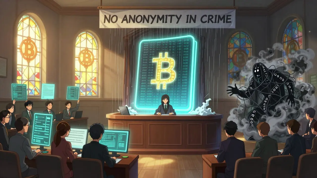 Tribunal digital con libro blockchain y analistas enfrentando figuras sombrías de transacciones ocultas.