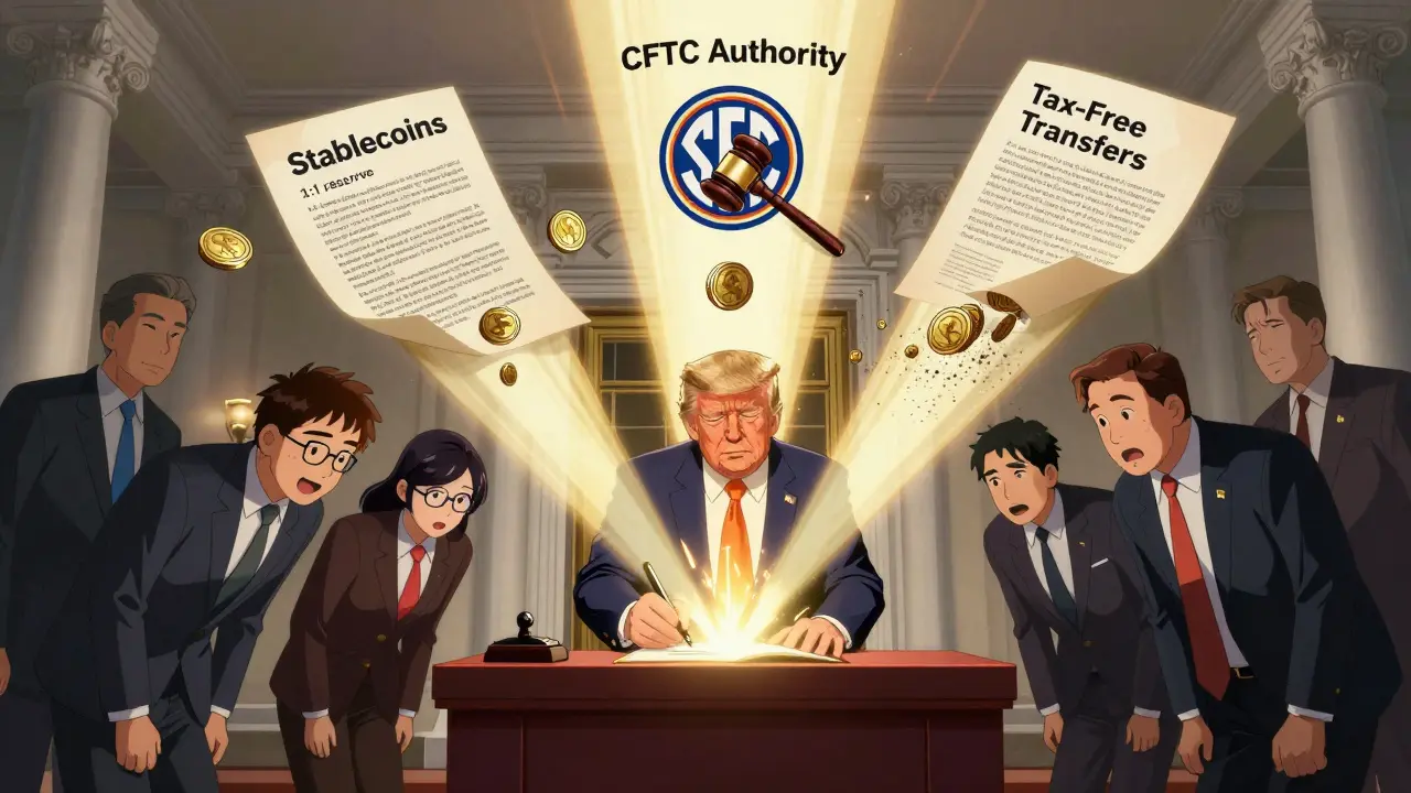 Trump firma el acta GENIUS mientras tres haces de luz definen nuevas regulaciones cripto.
