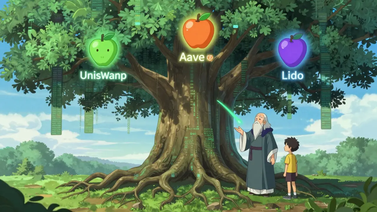 Un árbol de blockchain con frutos etiquetados como protocolos DeFi, bajo la mirada de dos personajes anime.